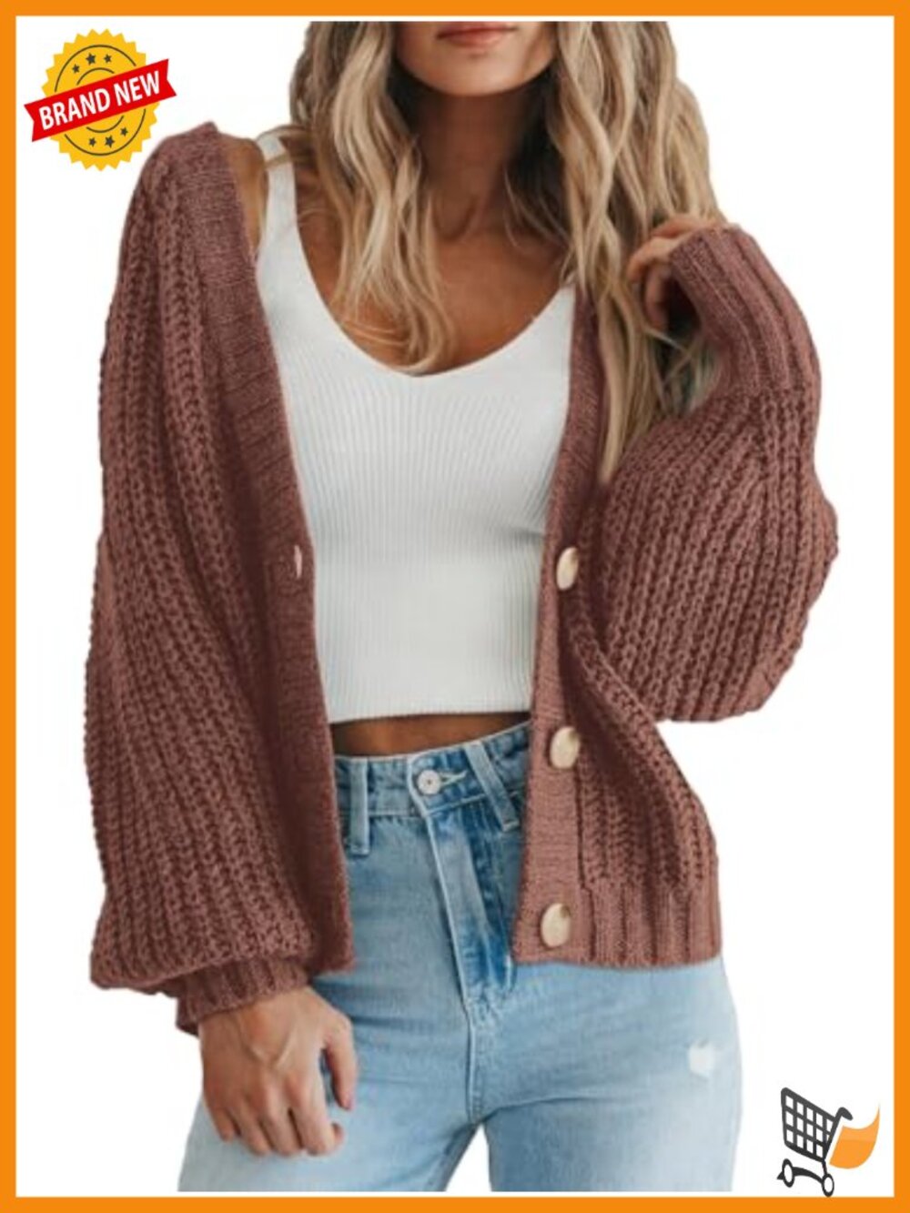 Chunky Knit Open Front Cardigan Button Down Long Sleeve V Neck Sweater